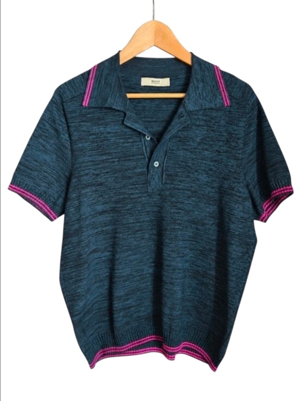BALLY | Silk Blend Knit Polo Shirt Blue Pink Trim Men’s 42
